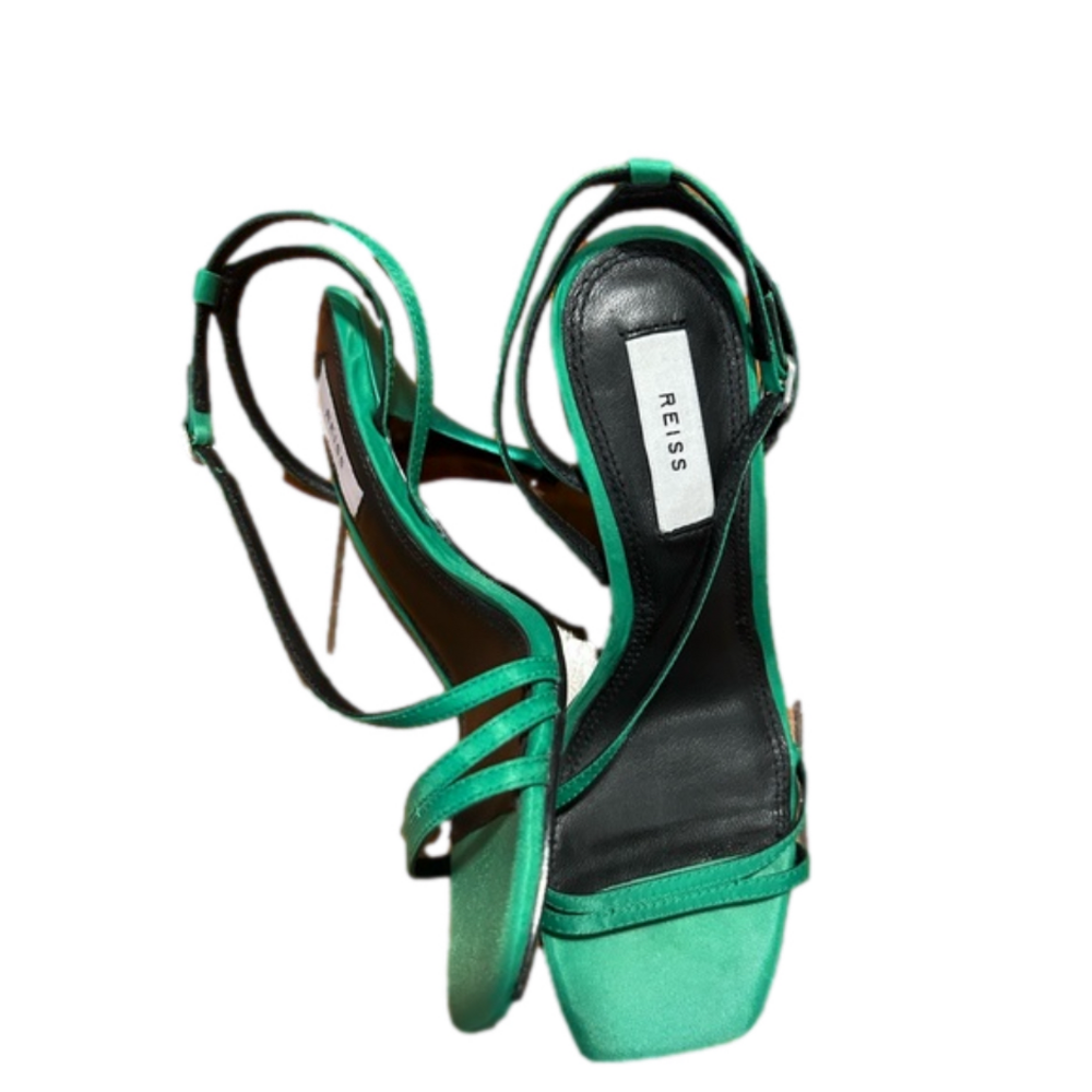 Reiss Bali Strappy Satin Green Stiletto Heeled Open Toe Sandals Quiet Luxury
